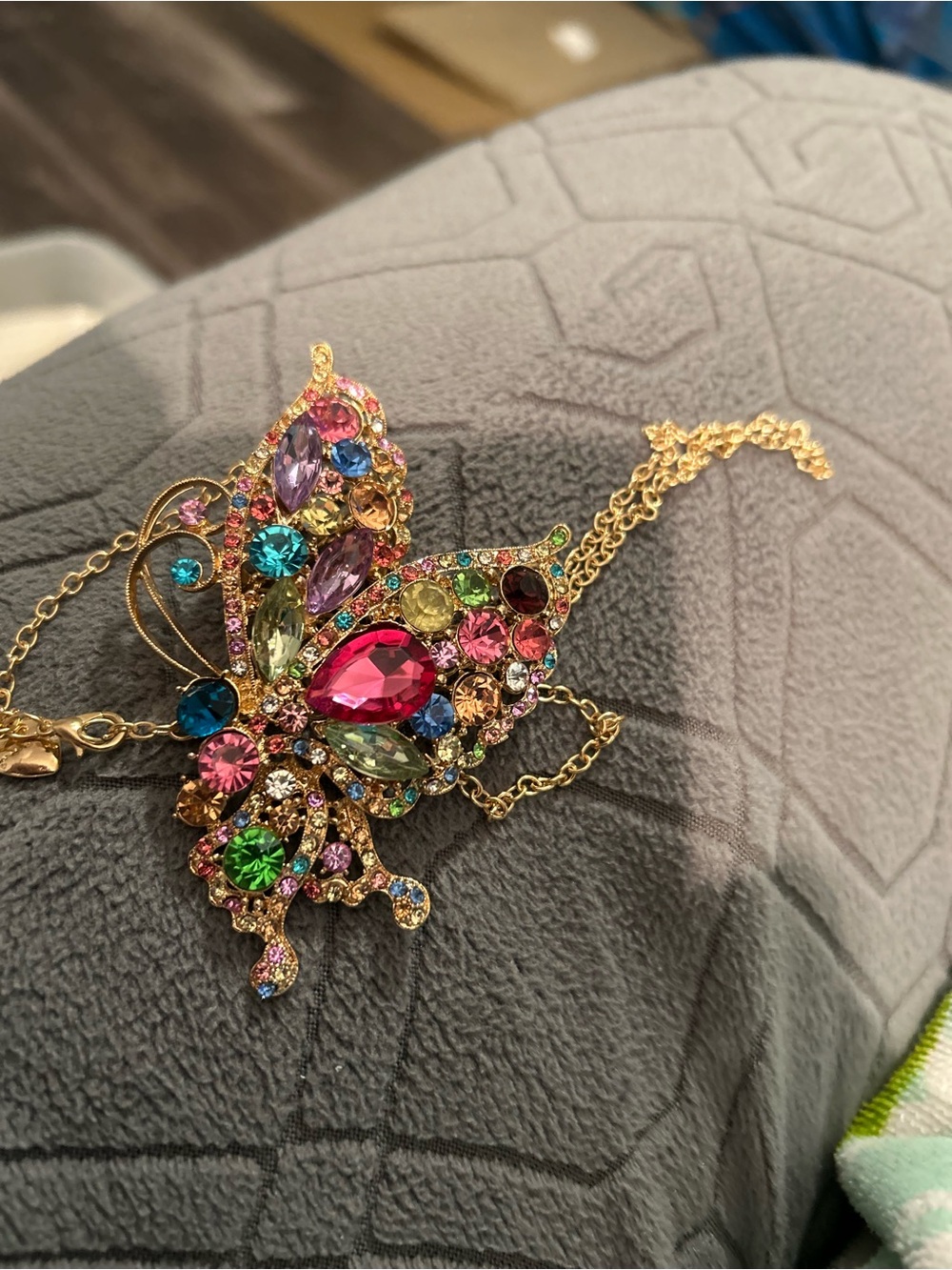 Private Label Gold Butterfly Necklace with Multicolor Gemstones. Dr 50